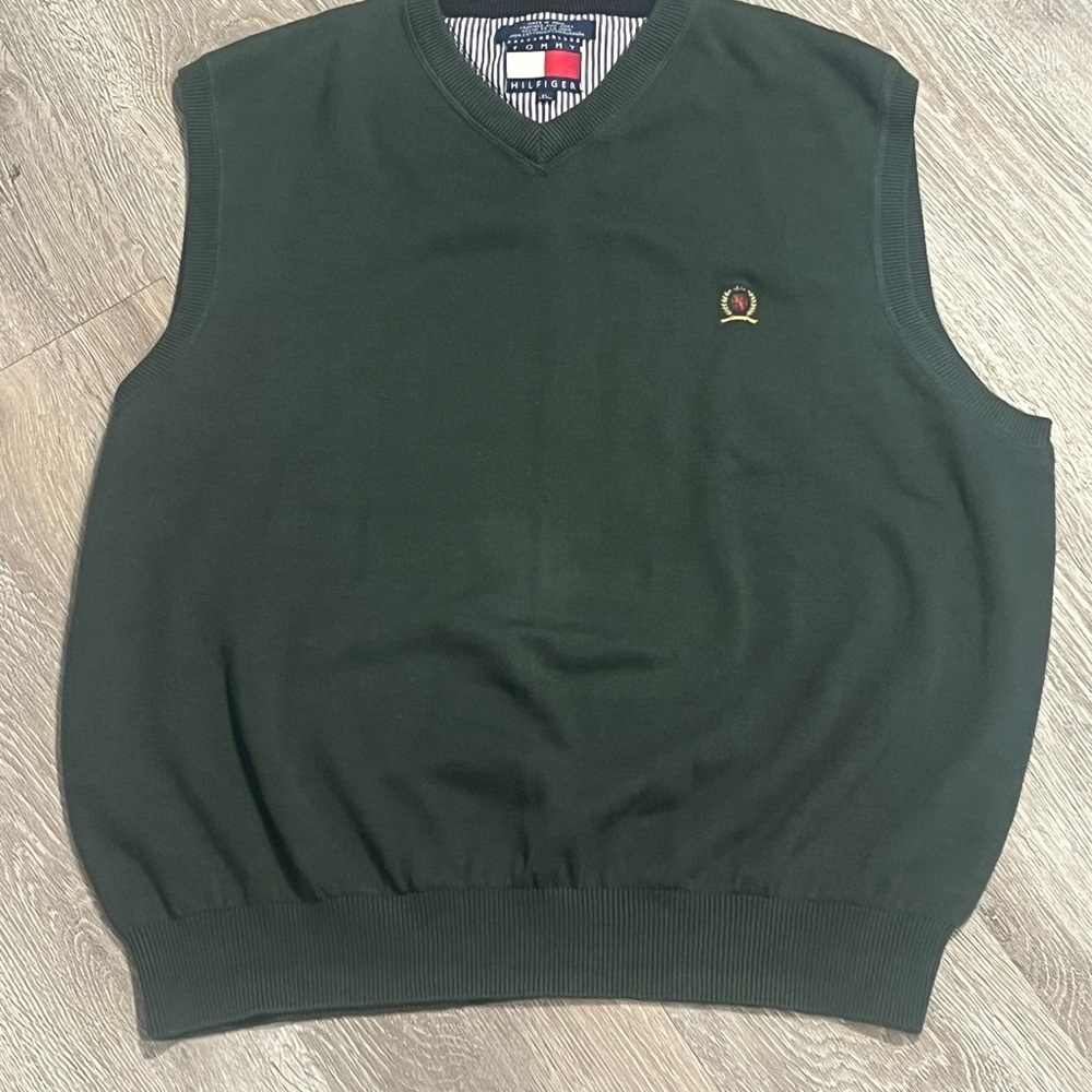 Tommy Hilfiger Knit Sweater Vest Mens XL Green Golf Cotton Embroidered
